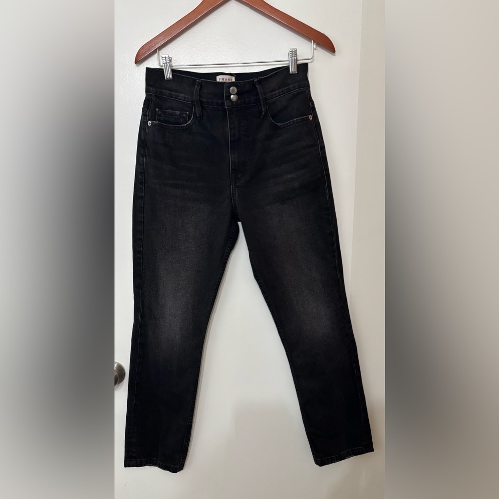 FRAME Black Denim Le Sylvie Slender High Rise Straight Jeans Size 28
